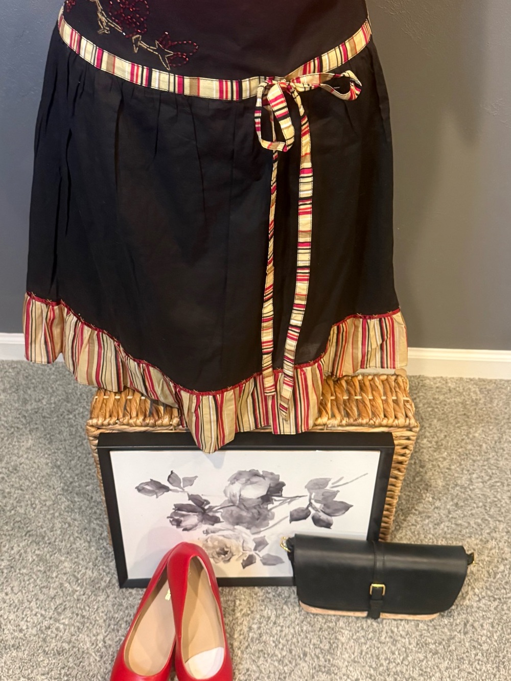 Black Midi Skirt with Striped Trim and Waist Tie